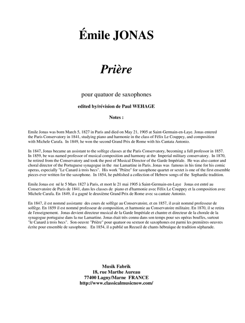 Emile Jonas: Prière for SATB saxophone quartet (Arr. Paul Wehage) (Woodwind Ensemble)