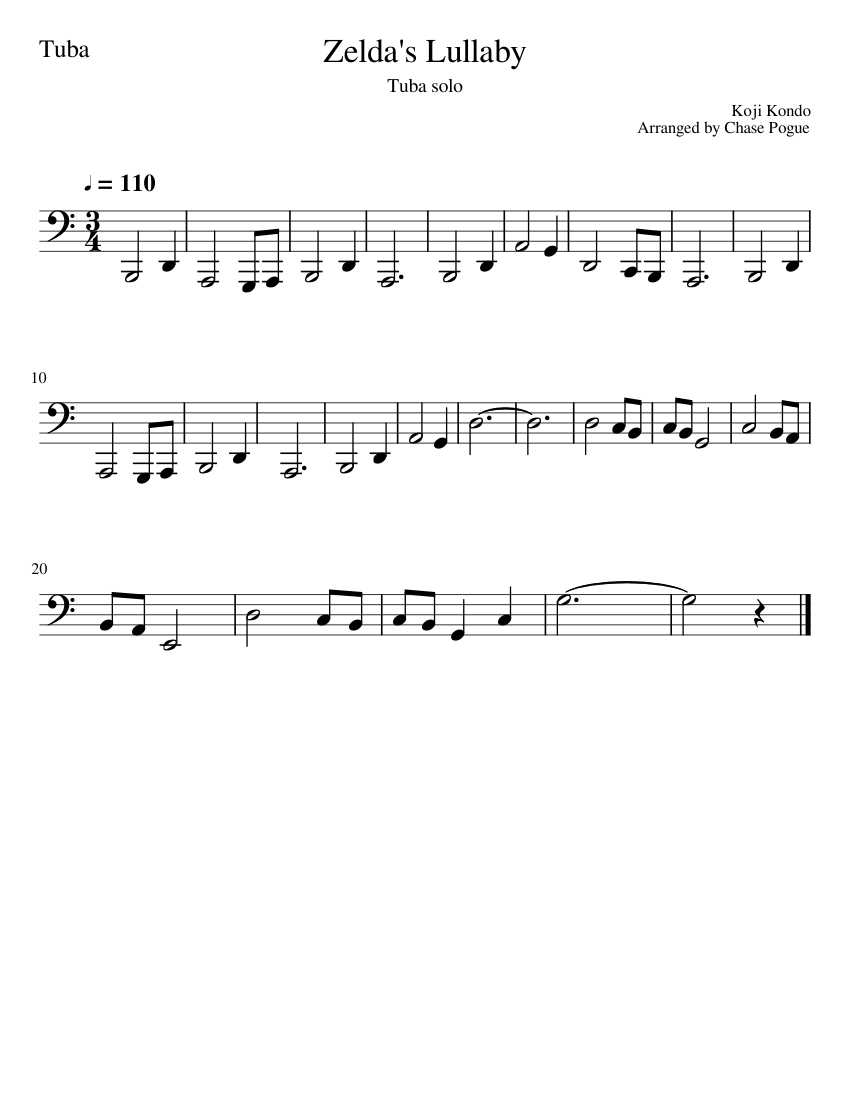 Zelda's Lullaby Tuba Solo Sheet music for Tuba (Solo)