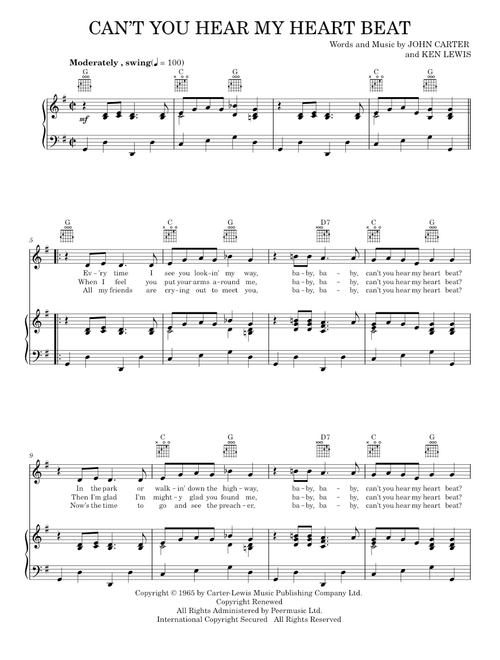 Can't You Hear My Heart Beat - Herman's Hermits (Piano-Vocal-Guitar)