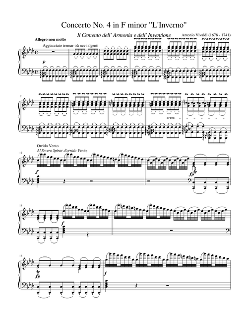 Vivaldi - Violin Concerto in F minor, Op. 8, No. 4, RV. 297 "Winter" for Solo Piano