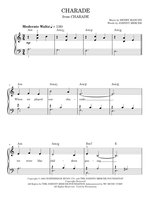 Charade - Andy Williams, Henry Mancini, Sammy Kaye (Easy Piano)