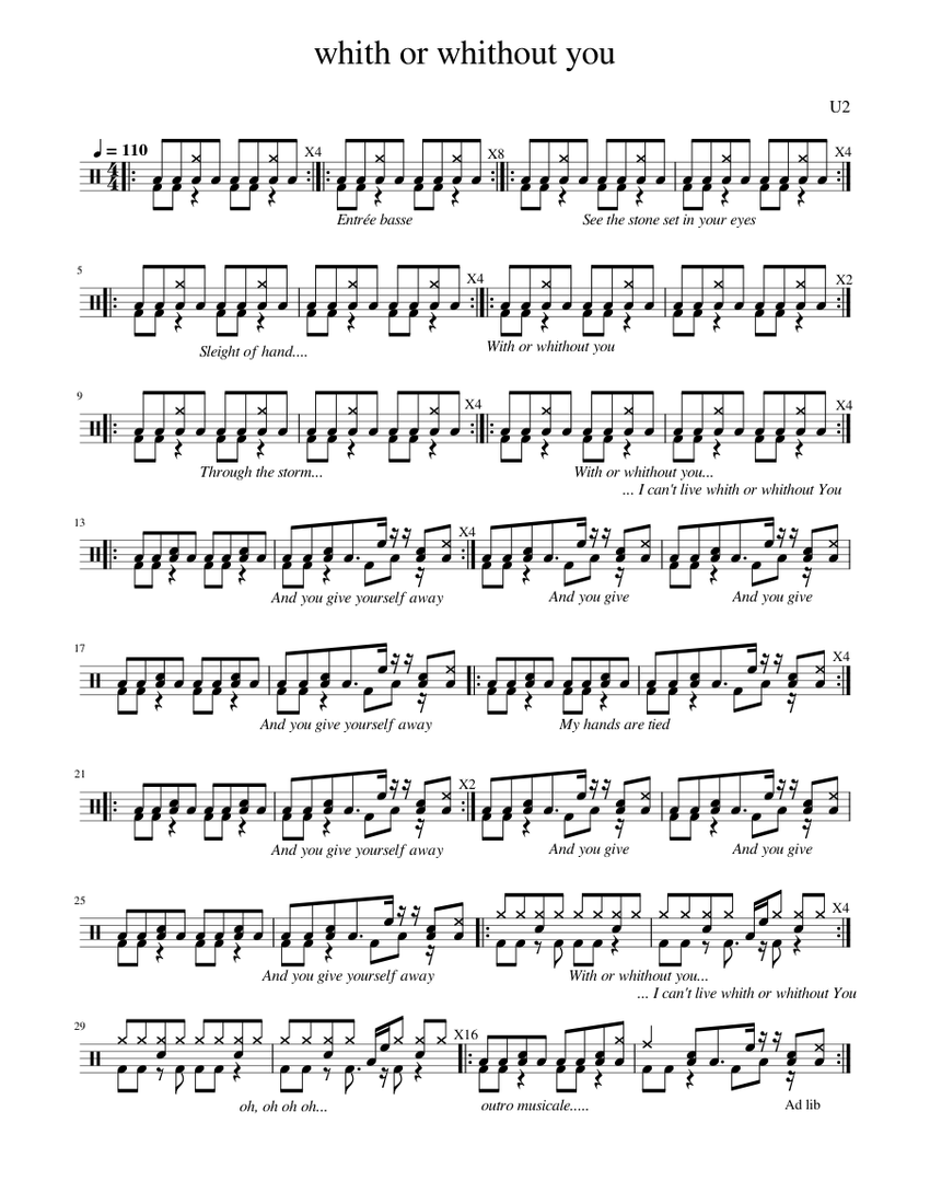 With or without you – U2 Sheet Music for Drum group (Drum Corps (Modern ...