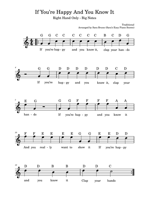 If You’re Happy and You Know It - Right Hand Only - Big Notes with Letter Names - Beginner Piano (Arr. Sara Bruno (Sara's Easy Piano Scores)) - Traditional (Easy Piano)