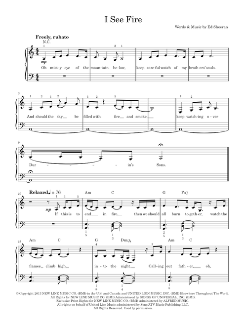 I See Fire (from The Hobbit) - Ed Sheeran (Easy Piano)