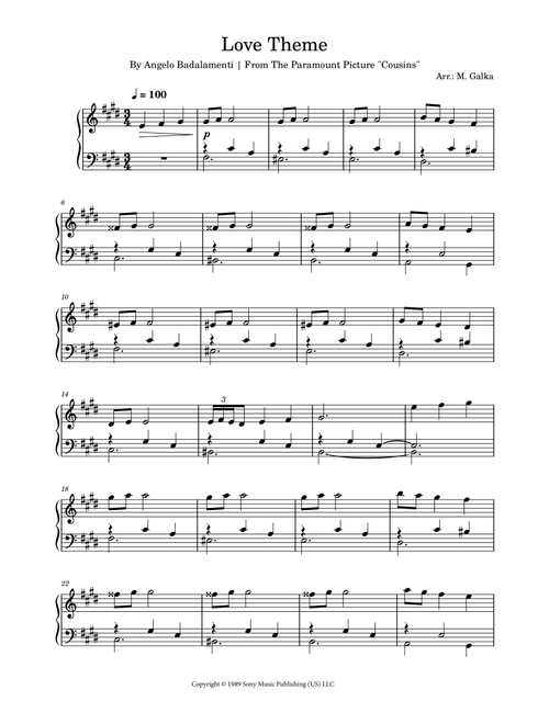 Cousins (Love Theme) (Arr. M. Galka) - Angelo Badalamenti (Piano Solo)