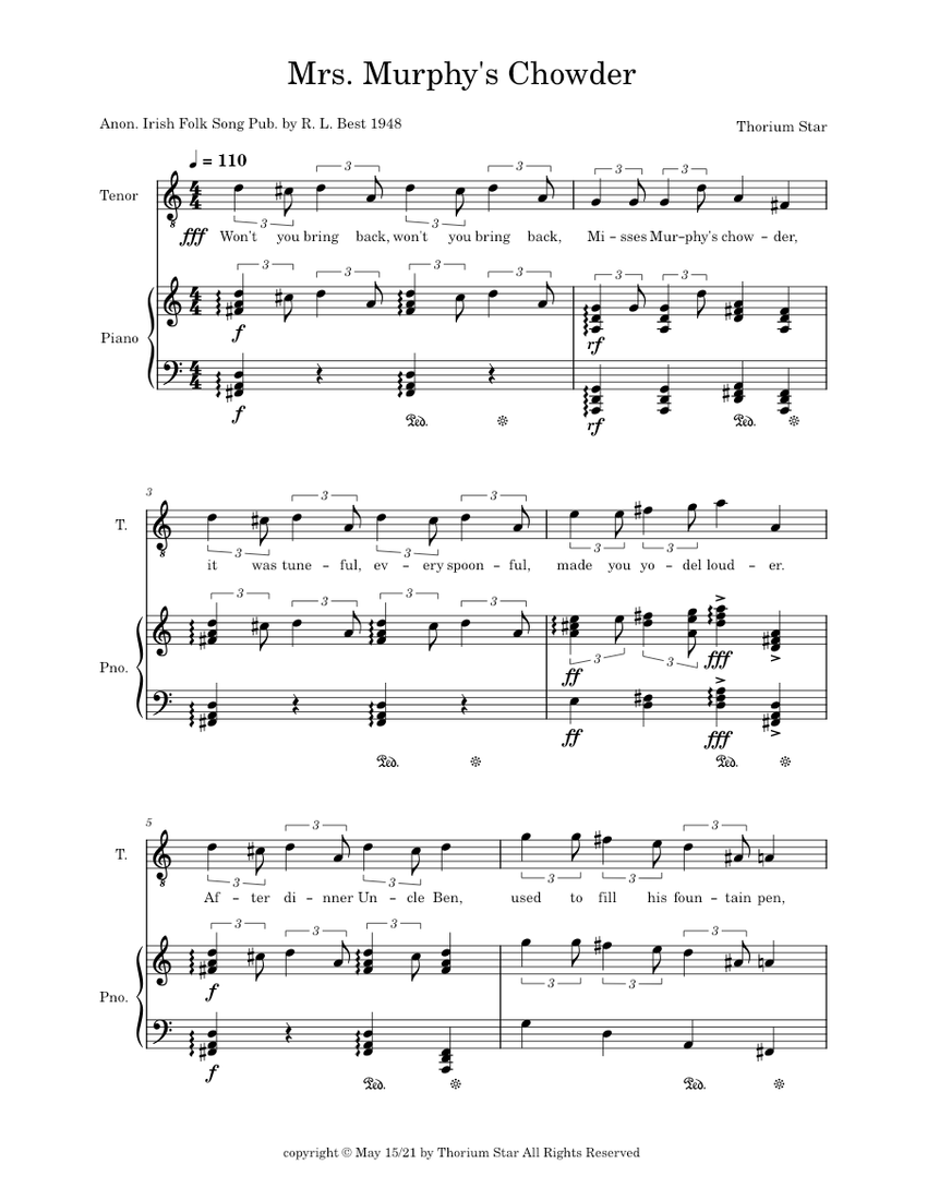 Mrs. Murphy's Chowder Sheet Music for Piano, Tenor (Piano-Voice ...