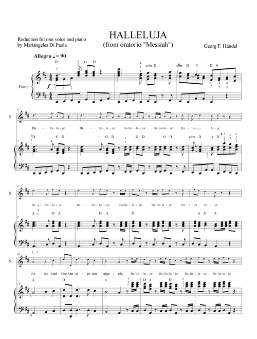 Haleluja (from oratorio Messiah) by Georg F. Handel. Reduction for one voice and piano (Arr. Mariangeles Di Paola) (Vocal Solo)