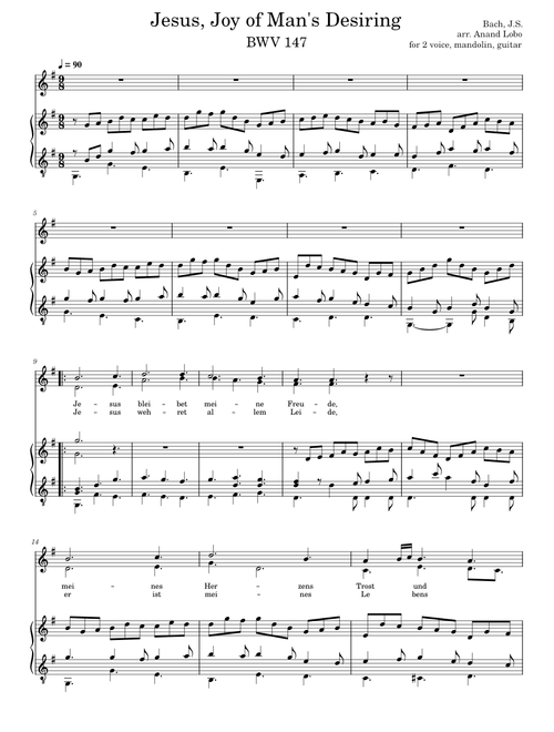 BACH BWV147 Joy of Man's Desiring (2 voice, mandolin, guitar)