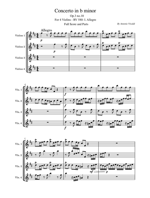 Vivaldi, L'Estro Armonico, Op.3 No.10, Concerto for 4 Violins, RV 580 I. Allegro (Arr. poon) - Antonio Vivaldi (String Quartet)