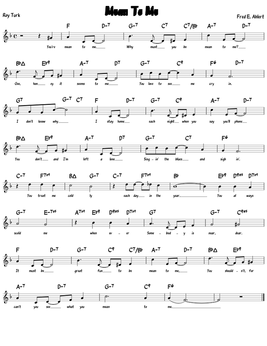 ボーカル　ビッグバンド譜面：MEAN TO ME Mean To Me Sheet Music with Chords for Piano (Solo) easy
