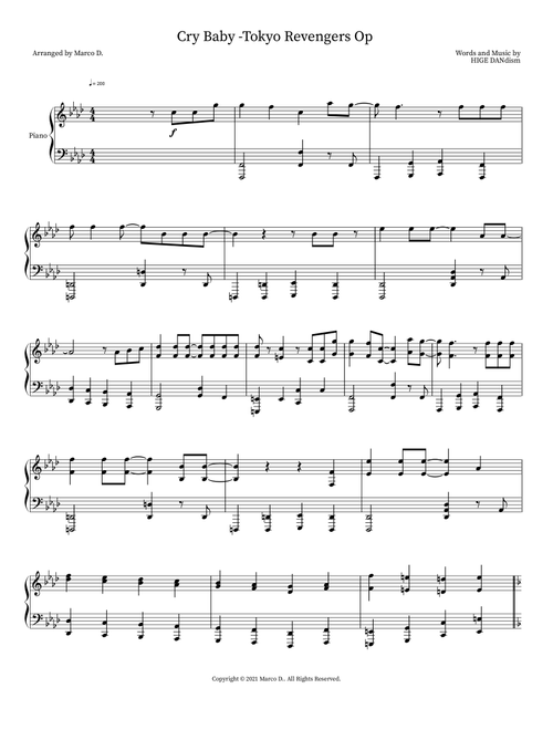 Cry Baby -Tokyo Revengers Op (Arr. Marco D.) - HIGE DANdism (Piano Solo)