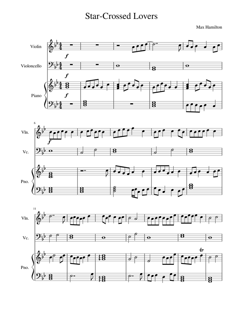 Star Crossed Lovers Sheet Music for Piano, Violin, Cello (Piano