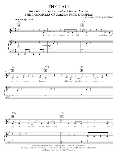 The Call - Regina Spektor, The Chronicles of Narnia: Prince Caspian Movie (Piano-Vocal-Guitar)