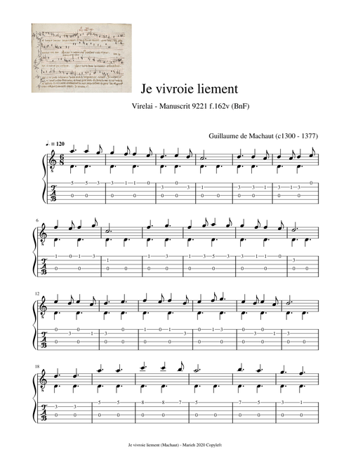 Je vivroie liement - Machaut, Guillaume de (c.1300 - 1377) - Tablature