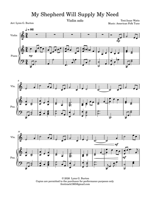 My Shepherd Will Supply My Need (Arr. Lynn G. Burton) - Isaac Watts/American folk tune (Violin and Piano)