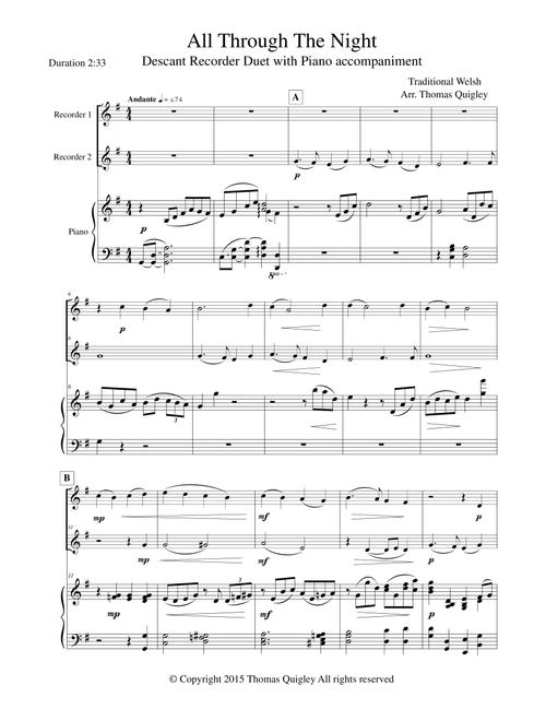 All through the Night (Arr. Thomas Quigley) - Traditional Welsh (Instrumental Duet and Piano)
