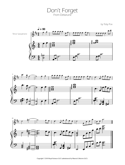 Don't Forget (Arr. Ygor Nunes Silva) - Toby Fox (Tenor Sax and Piano)