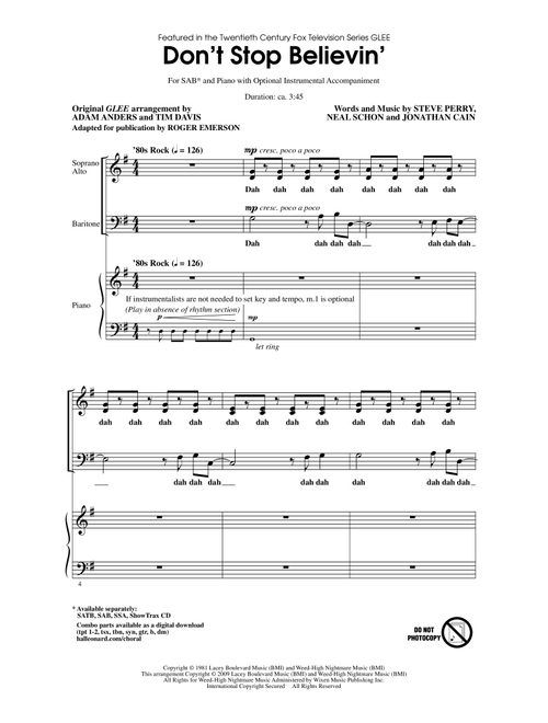 Don't Stop Believin' (Arr. Roger Emerson) - Journey, Steve Perry, Glee Cast (Choral, SAB)