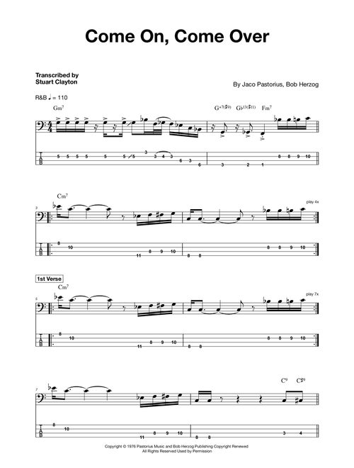 Come On, Come Over (Arr. Transcribed by Stuart Clayton) - Jaco Pastorius (Bass Tab)