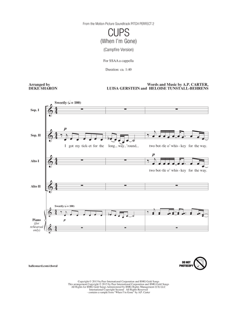 Cups (When I'm Gone) (Campfire Version) (from Pitch Perfect 2) (arr. Deke Sharon) - Anna Kendrick, AP Carter, Heloise Tunstall-Behrens (Choral, SSA)