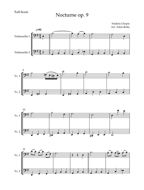 Nocturne Op.9 No. 2 (Frédéric Chopin) for Cello Duo (Arr. Fabio Britto) (Cello Duet)