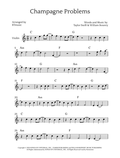 Champagne Problems (Arr. BTmusic) - Taylor Swift (Violin Solo)