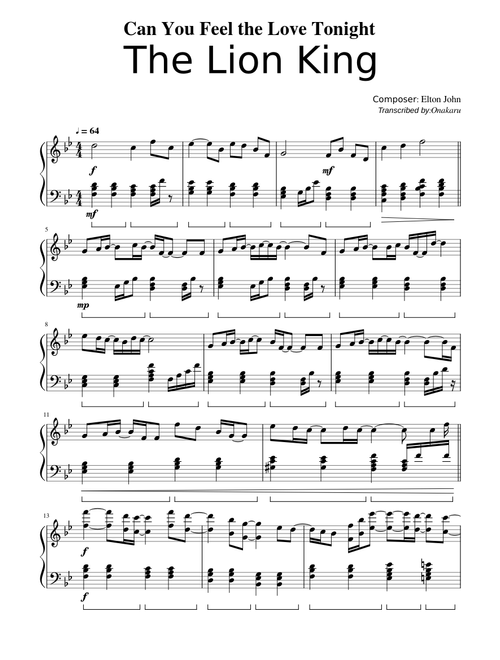 Can You Feel the Love Tonight - The Lion King [Elton John] (Transcribed by Onakaru) sheet music arranged by Onakaru