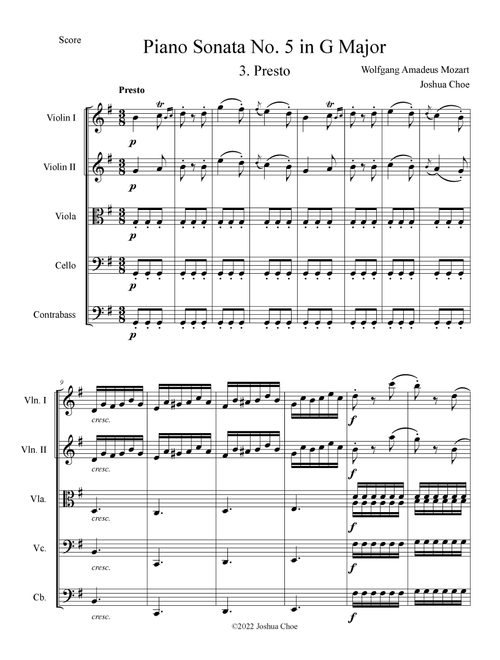 Piano Sonata No. 5 in G Major, Movement 3 (Arr. Joshua Choe) - Wolfgang Amadeus Mozart (Orchestra)