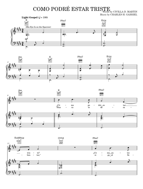 Como Podre Estar Triste (His Eye Is On The Sparrow) - Charles H. Gabriel, Civilla D. Martin (Piano-Vocal-Guitar)