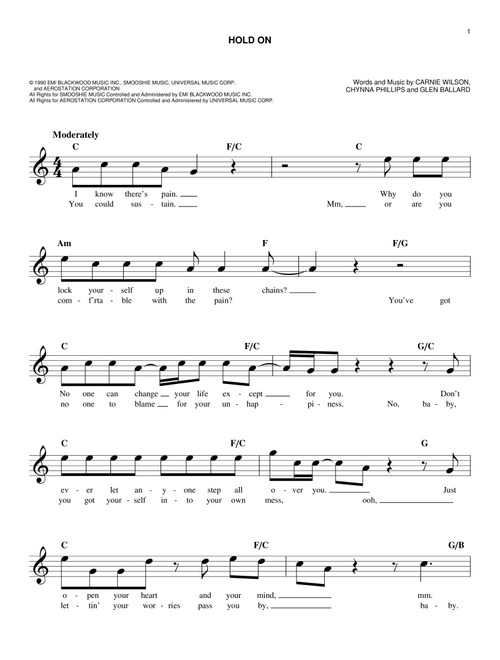 Hold On - Wilson Phillips (Easy Lead Sheet - Fake Book)