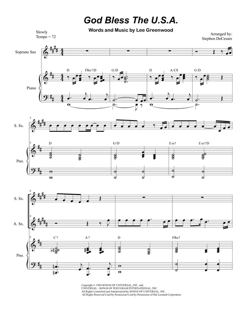 God Bless The U.S.A. (Arr. Stephen DeCesare) - Lee Greenwood (Instrumental Duet and Piano)