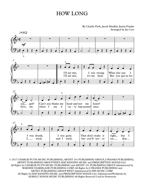 How Long (Arr. Joe Cox) - Charlie Puth (Piano Vocal)