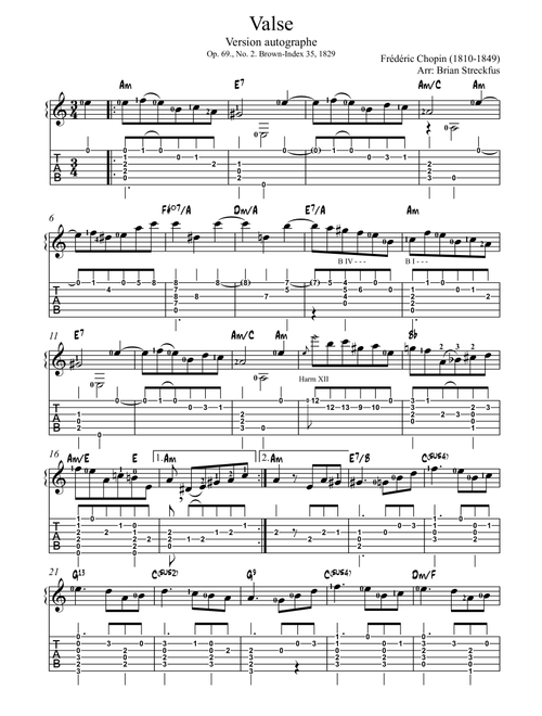 Waltz Op 69 No 2 (arranged for guitar) (Arr. Brian Streckfus) - Frederic Chopin (Guitar Tab)