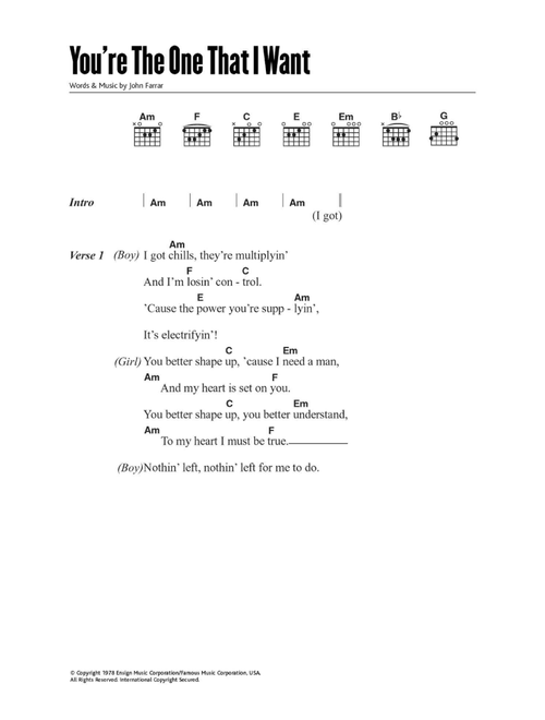 You're The One That I Want - John Farrar (Guitar Chords-Lyrics)