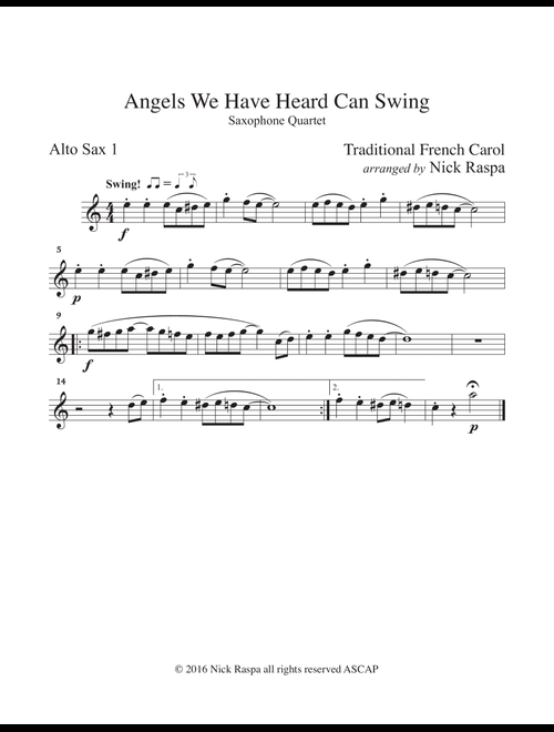 Angels We Have Heard Can Swing (easy sax quartet AATB) Alto Sax 1 part (Arr. Nick Raspa) - Traditional (Woodwind Ensemble)
