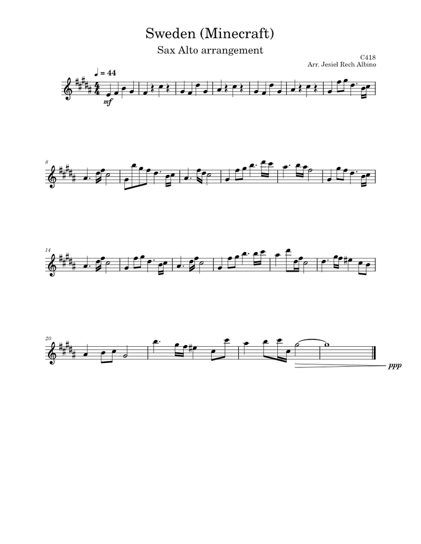 Sweden (from Minecraft) C418 Sax Alto Arrangement Sheet music for