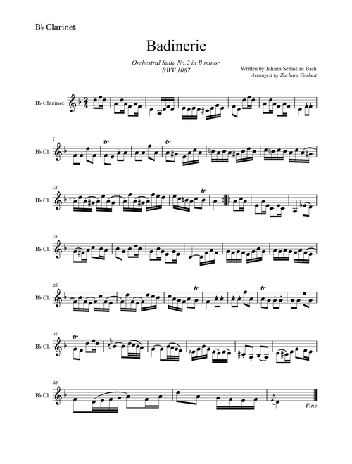 Badinerie BWV 1067 (Arr. Zachary Corbett) - Johann Sebastian Bach (Clarinet Solo)