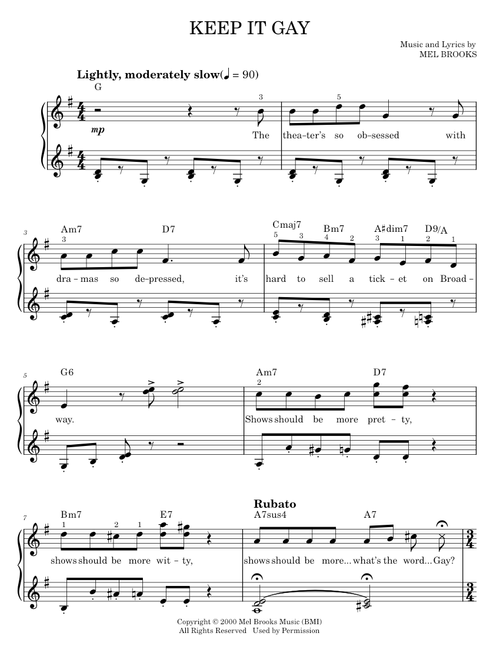 Keep It Gay - Mel Brooks, The Producers Musical (Easy Piano)