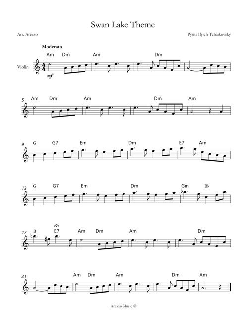Tchaikovsky – Swan Lake (Theme) | Violin Lead Sheet with Chord Symbols in A minor (Arr. Arezzo Music) (Violin Solo)