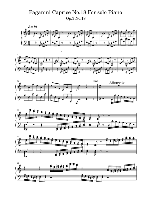 Paganini Caprice No.18 For solo Piano