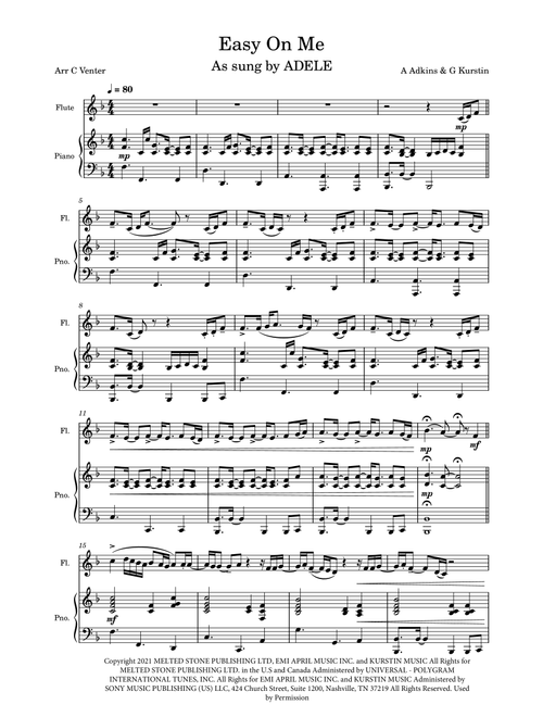 Easy On Me (Arr. Caroline Venter) - Adele (Flute and Piano)