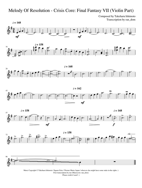 Melody Of Resolution - Crisis Core: Final Fantasy VII (Violin Part)