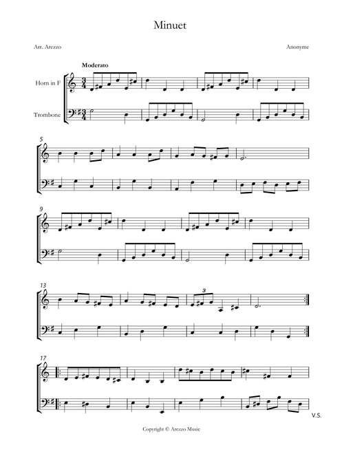 bach bwv anh. 116 minuet in g major French Horn and Trombone sheet music (Arr. Arezzo Music) - Johann Sebastian Bach (Instrumental Duet)