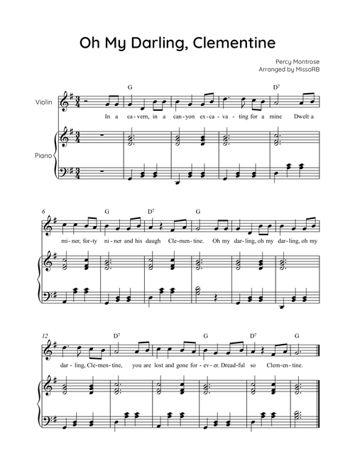 Oh My Darling, Clementine - Violin & Piano in G With Chords & Lyric - Easy (Arr. MissoRB) - Percy Montrose (Violin and Piano)