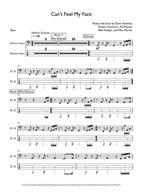 Can't Feel My Face (Arr. David Lartey) - The Weeknd (Bass Tab)