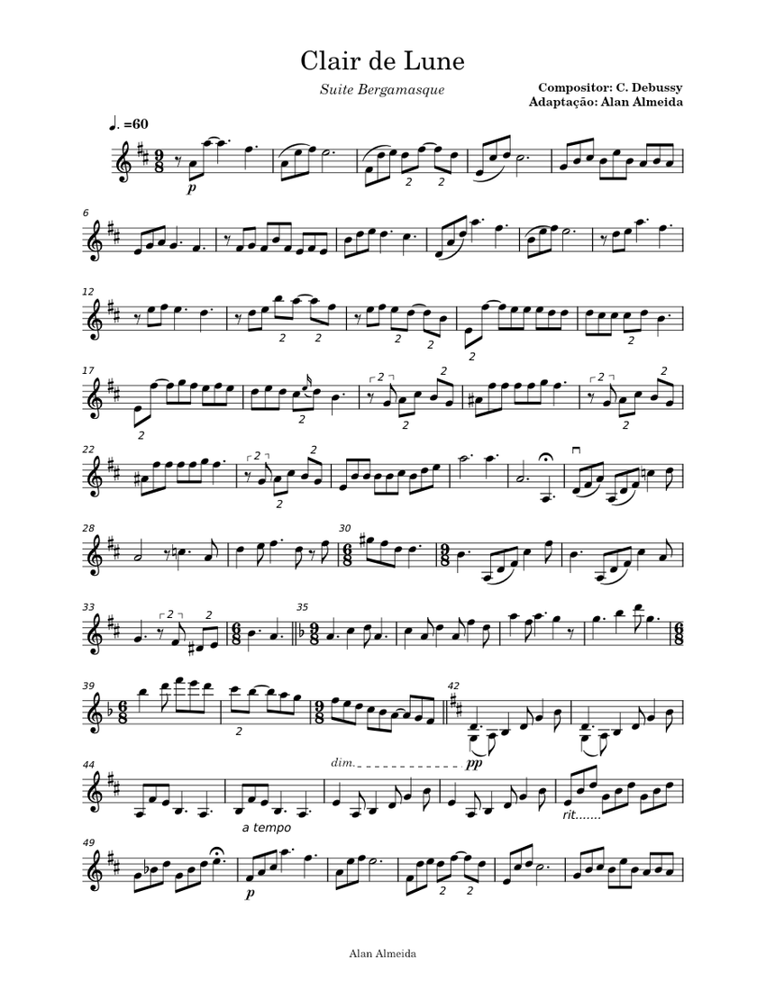 Clair de Lune - C. Debussy for violin solo Sheet Music for