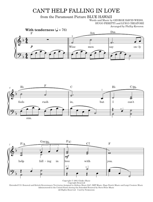 Can’t Help Falling in Love - Bob Thiele and George David Weiss (Easy Piano)
