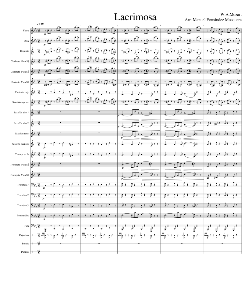 Lacrimosa W A Mozart Requiem Alt banda Sheet Music for Piano, Trombone ...