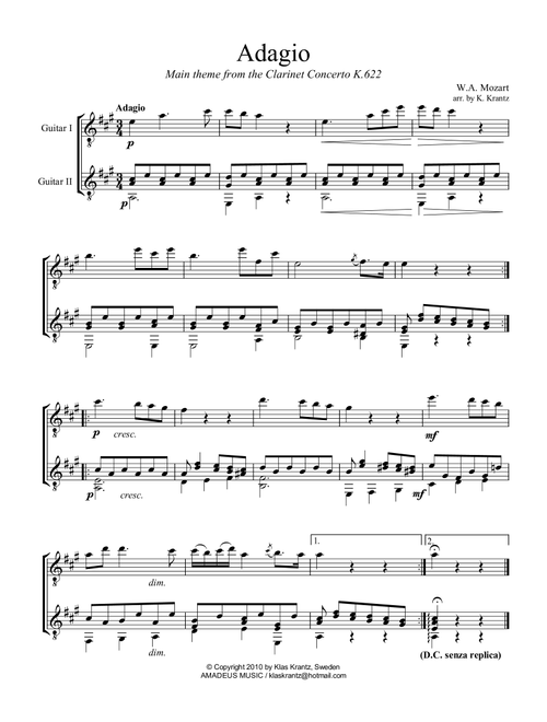 Adagio from the clarinet concerto for guitar duet (Arr. K. Krantz) - W.A. Mozart (Instrumental Duet)