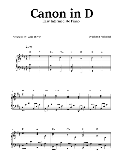 Canon in D - Easy Intermediate Piano (with chords) - Johann Pachelbel (Arr. Walt Oliver) (Piano Solo)